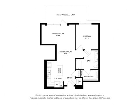 Floor plan for 1 bed, 1 bath, 768 sqft